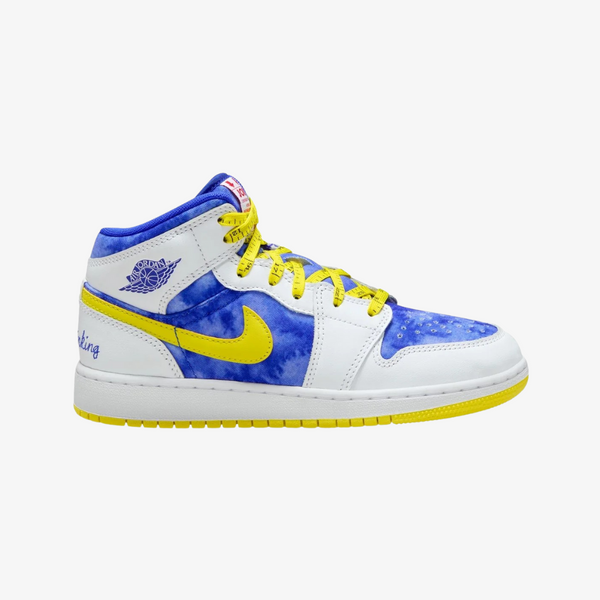 gradeschool jordan 1 mid sneaker school (white/racer blue/opti yellow)
