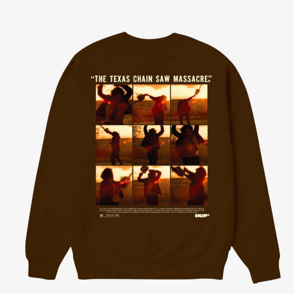 mens huf x texas chainsaw massacre unparalleled terror crewneck (chocolate)