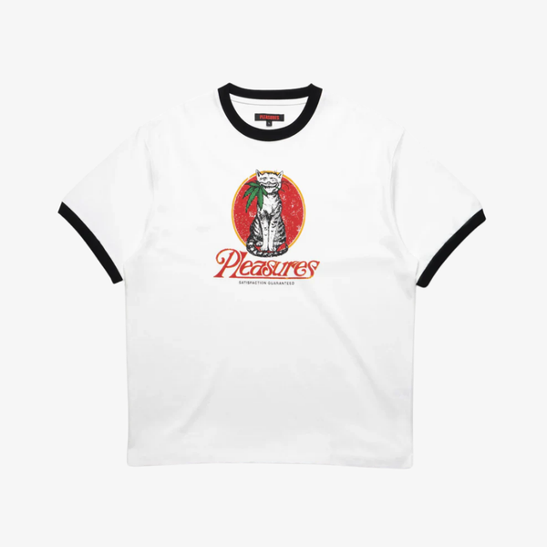 mens pleasures cat heavyweight ringer s/s tee (white)