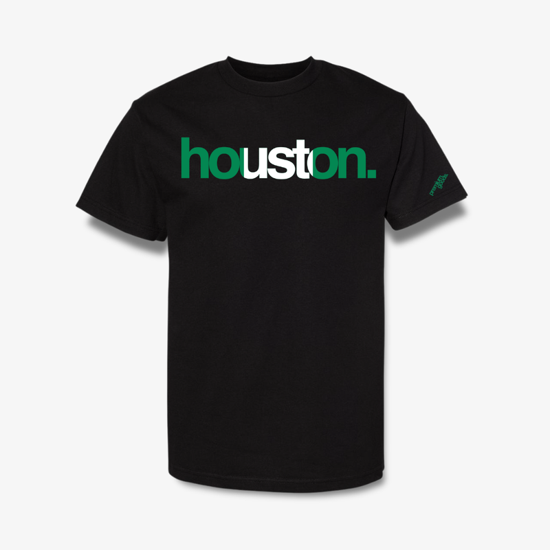 Black t-shirt with 'houston.' printed in green and white on a white background