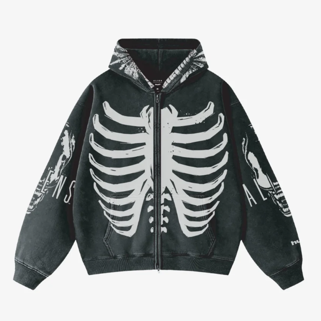 mens huf x aliens facehugger fz washed hoodie (vintage black