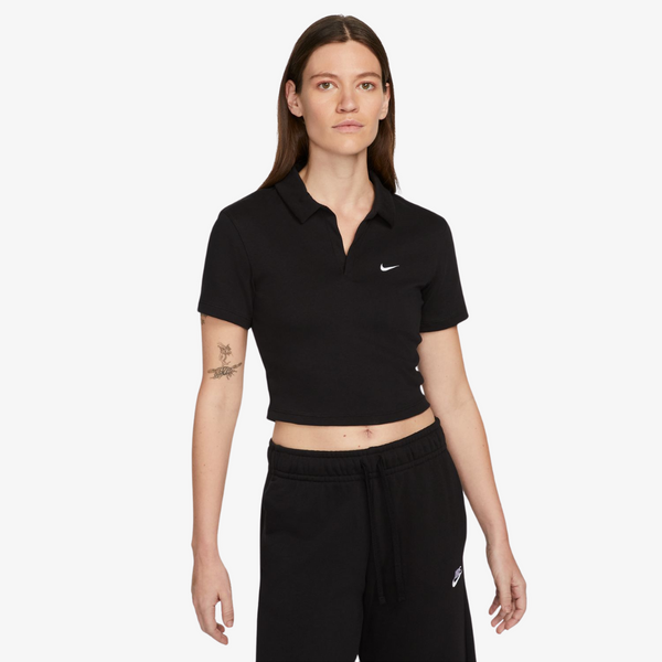 womens nike sportswear essential s/s polo top (black/white)
