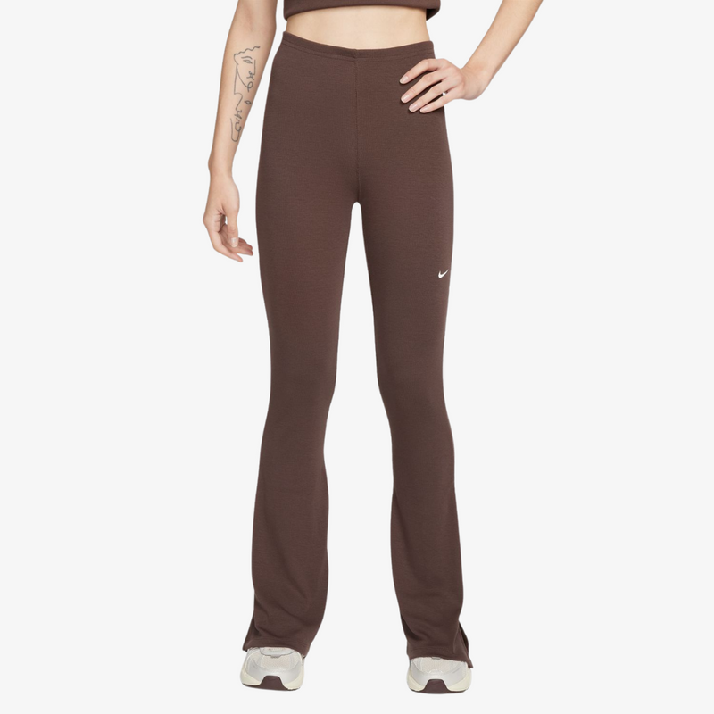 womens nike sportswear chill knit tight mini-rib flared leggings (baroque brown)
