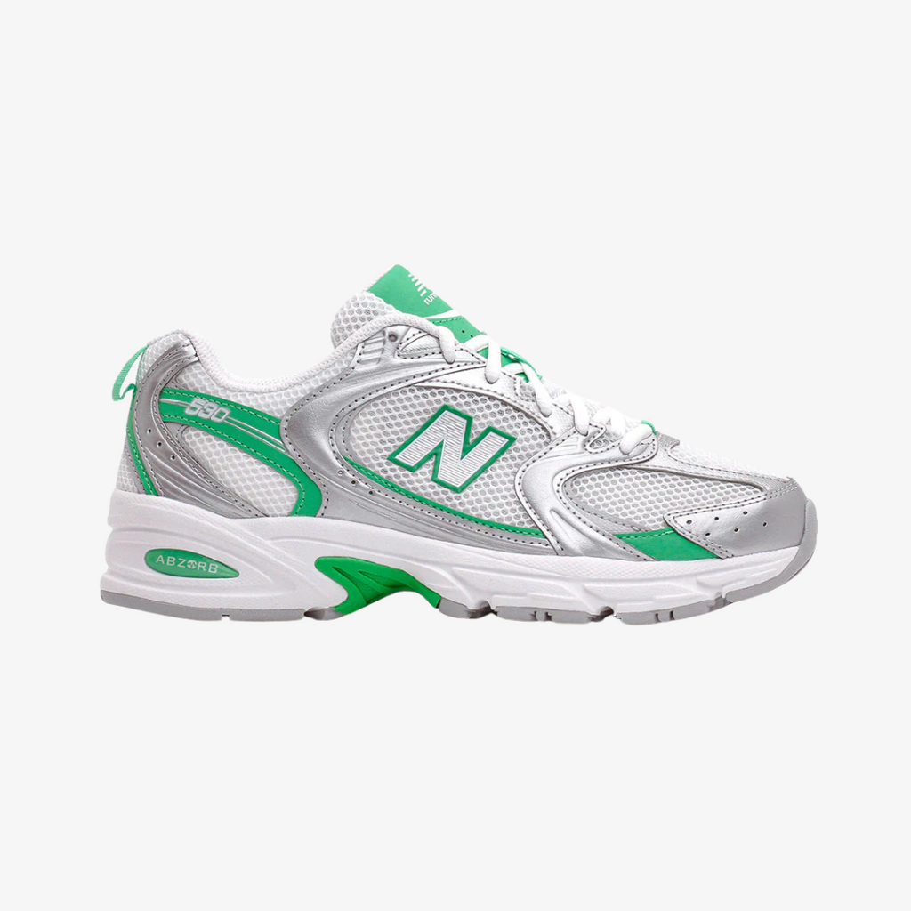 womens new balance 530 (metallic silver/green) – Premium Goods