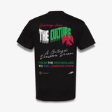 Black t-shirt with colorful text and graphics on a white background