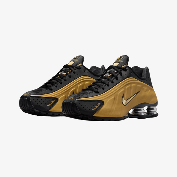 womens nike shox r4 (black/metallic gold)