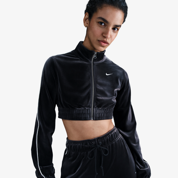 womens nike cropped velour half zip top (black)