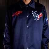 mens mitchell & ness x premiumgoods houston texans collared satin coaches jacket (navy)