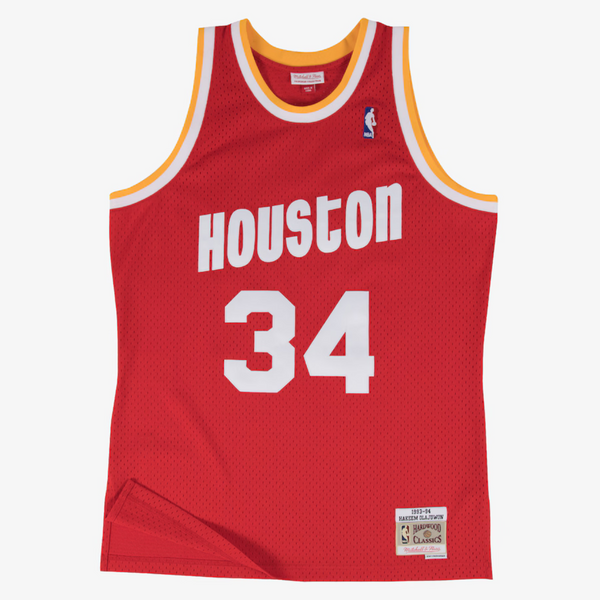 mens mitchell and ness hakeem olajuwon jersey (red/yellow)