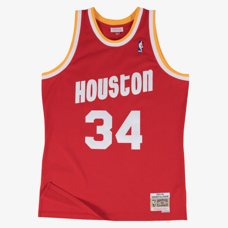 mens mitchell and ness hakeem olajuwon jersey (red/yellow)