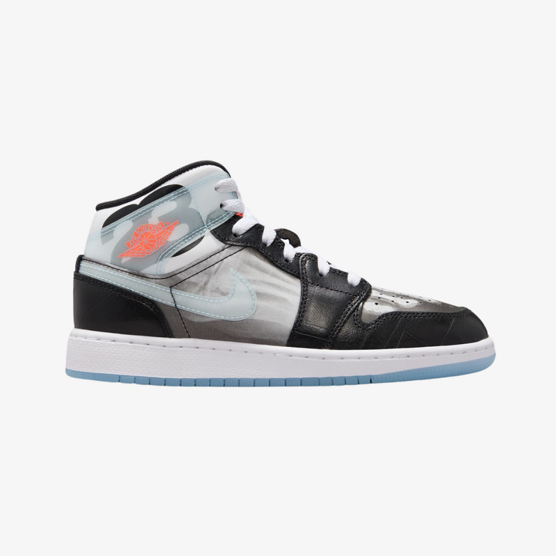 gradeschool jordan 1 mid sneaker school (black/ice blue/crimson)