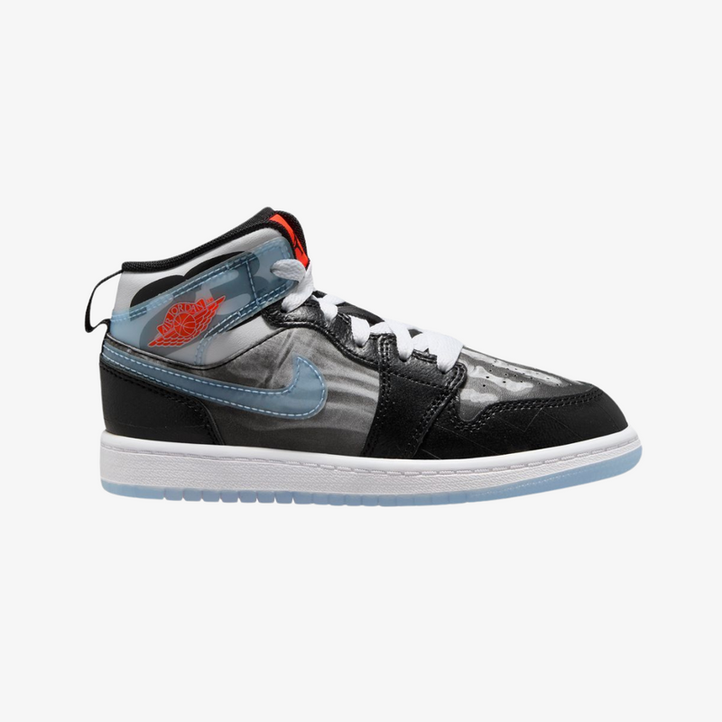 preschool jordan 1 mid sneaker school (black/ice blue/crimson)